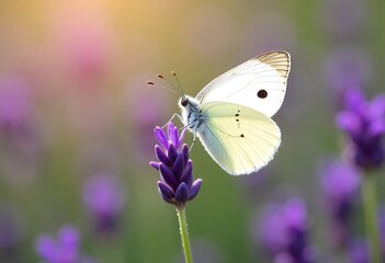 Naklejka premium Delicate white butterfly gracefully lands on vibrant purple lavender bloom bathed in warm golden sunlight, showcasing nature's serene beauty.