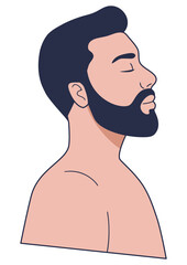 Man with beard and closed eyes on white background. Minimalism design. Side profile. Relaxation, meditation or inner peace concept.