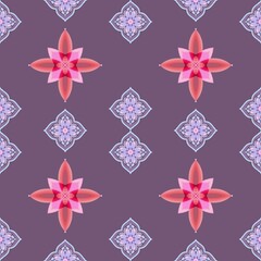 Seamless Floral Mandala Pattern with Red and Pink Petals on Dark Purple Background