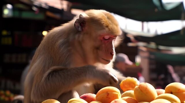 Golden Brown Rhesus Macaque Eating Apricot among Pile of Fruits in Outdoor Market at Eye Level Macaca mulatta Primate Consuming Exotic Fruit and Displaying Natural Behavior
