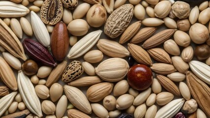 Close up of diverse selection of seeds and nuts including almonds, nuts and legumes for a healthy snack - Powered by Adobe