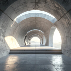 Exploring concrete architecture in a modern tunnel coastal location architectural photography serene environment wide angle minimalism