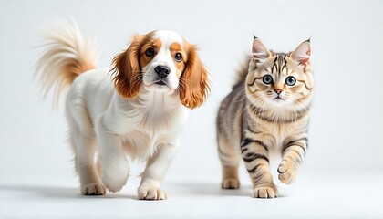 Adorable puppy and kitten walking together on white backdrop, a sweet friendship story, perfect for heartwarming campaigns and pet product promotions