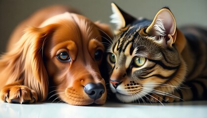 Adorable dog and cat cuddling together for a heartwarming friendship moment, perfect for pet adoption campaigns or veterinary services marketing