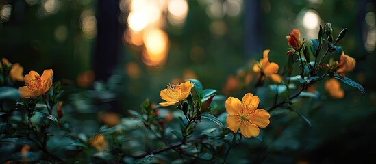 Fototapeta premium Vibrant orange flowers bloom against a blurred forest background at sunset