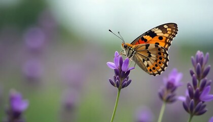 Obraz premium Delicate butterfly gracefully rests on blooming lavender, creating a peaceful scene perfect for nature lovers and promoting calm, serene themes
