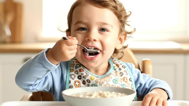 A toddler wearing a bib and blue shirt eats cereal with a spoon
