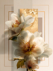 Double exposures of close-up flowers with geometric shapes and textured gold accents, contemporary art posters with a bohemian aesthetic