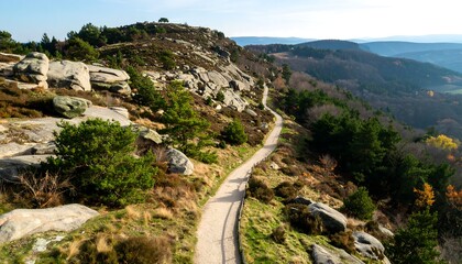 High angle view of a path winding through a rocky landscape