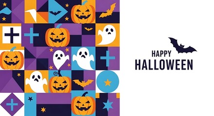 Happy halloween greeting with pumpkins, ghosts, bats, and geometric patterns on a colorful background, isolated on white background