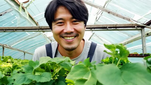 Young Asian man with his garden vegetable crop. He gathers fresh produce from his garden, a result of hard work and patience.