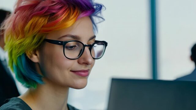 Young Caucasian woman with multi colored dread locks in front of laptop monitor in office. The woman works intently on her laptop, her colorful dreadlocks brightening the office.