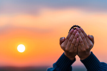 Close up of hands holding prayer beads against a vibrant sunset sky evokes serenity and spiritual connection for faith based campaigns