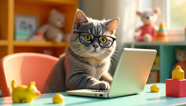 Adorable kitten wearing glasses works on laptop, perfect for quirky marketing or funny animal content about working from home and playful pet themes