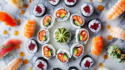Fototapeta premium Colorful sushi platter arranged in a circular design showcasing