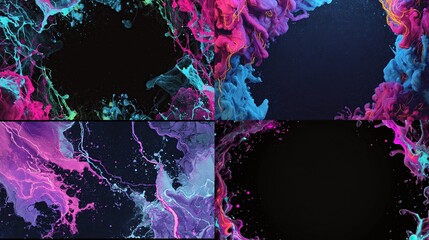 Four panels showcase vibrant, colorful paint plumes forming abstract shapes, framing dark voids on black