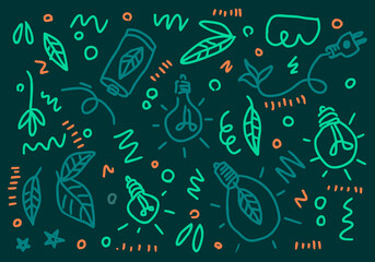 A seamless pattern illustration featuring eco-friendly doodles such as light bulbs with leaves, energy plugs, and natural symbols