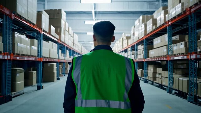The worker's back is visible as they stand inside a large postal warehouse. A postal warehouse worker stands with their back to the camera amid towering stacks of mail.