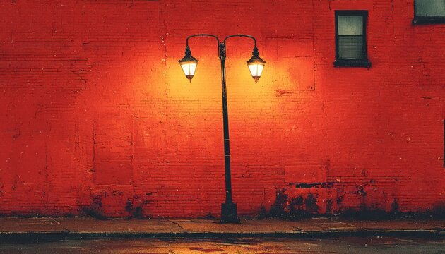 Red brick wall, street lamp, city scene