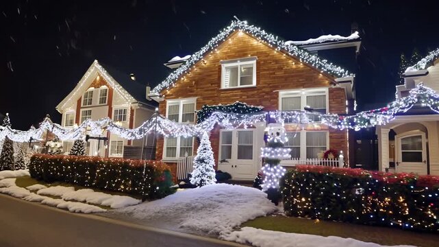 Christmas decorated houses on the street of a small European town. A picturesque European street glows with holiday spirit, adorned with bright Christmas lights and festive wreaths.