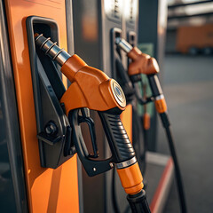 Closeup of a fuel nozzle orange and black gas pump detail