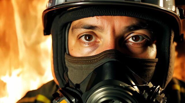 Firefighter in a protective mask and helmet during his work. A raging flame behind him. Firefighter in full protective gear tackles the blaze with firm resolve.