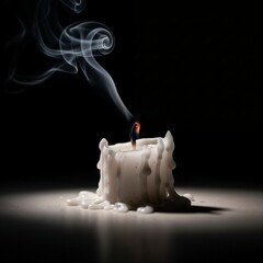 Melting white candle with smoke against a dark background  