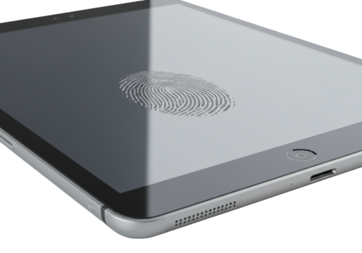 High-end silver digital tablet, reflective screen, glossy fingerprint, brushed aluminum, vibrant display, precision edges, isolated on transparent. Concept of modern technology detail.