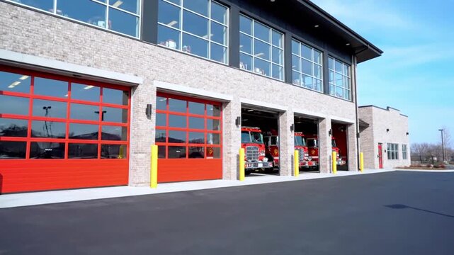 Modern Fire Station with Red Bay Doors and Fire Trucks Inside
