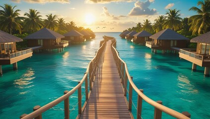 360° panorama of tropical overwater villas at sunrise, golden light on turquoise lagoon, wooden walkway