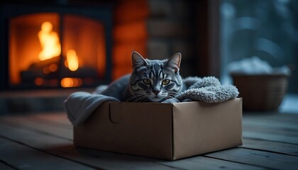 Cozy gray cat relaxing in a box by the warm fireplace, perfect for heartwarming holiday greetings and cute animal content this winter