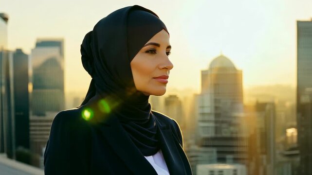 An Arabian businesswoman with hijab in a formal suit against the backdrop of skyscrapers. Businesswoman strides past the camera with towering buildings behind her.
