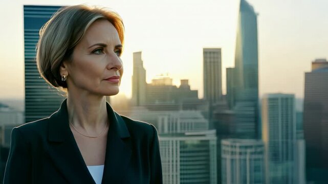 Caucasian businesswoman in a formal suit against the backdrop of skyscrapers. Businesswoman walks by camera framed by towering city buildings.