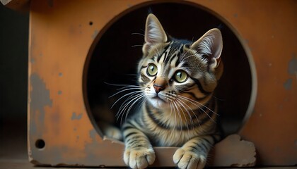 Curious tabby kitten with striking green eyes peeks from a cozy wooden hideaway, radiating warmth and playful innocence.