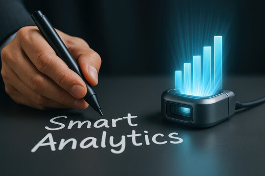Smart analytics using technology and data brings powerful business intelligence and innovation concept