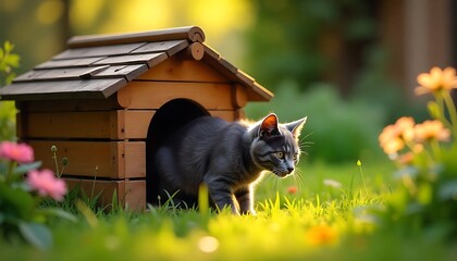 Curious tabby cat emerging from a wooden pet house in a sun-drenched garden, perfect for heartwarming animal stories and pet care campaigns