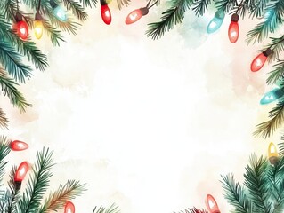 Square frame with fir branches and multicolor lights garland border for holiday card and invitation