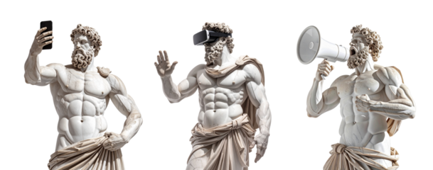 Set of Greece marble statues with VR glasses, Taking a Selfie and Loudspeaker isolated on transparent background. Ancient Greek Statues