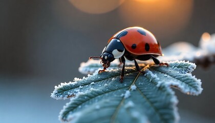 Stunning macro view captures a vibrant ladybug perched on a frost-covered leaf as golden sunlight bathes the scene in warmth and detail