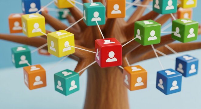 A tree-like structure made of brown wood with colorful cubes attached, each displaying a white person icon, representing network, connection