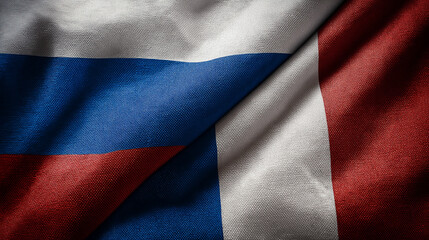 Fototapeta premium Flags of russia and france unfurled symbolizing unity fabric textures close-up perspective artistic representation