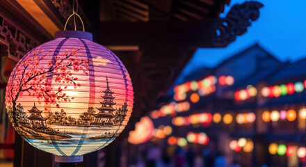 Vibrant colorful paper lantern illuminates festive evening scene with bokeh lights