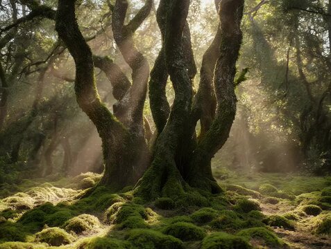 Sunlight streams through ancient, intertwined trees in a mossy forest floor