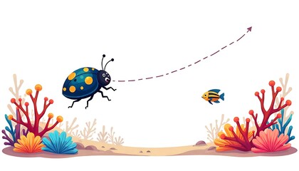 Whimsical ladybug and fish embark on an upward journey amidst vibrant coral reef scenery, symbolizing growth and exploration.