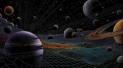 A vibrant, cosmic scene featuring colorful planets and a grid-like landscape, set against a starry black background, evoking the vastness of space.