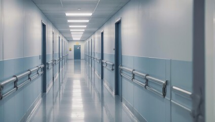 Obraz premium Empty Hospital Corridor with Doors and Handrails.