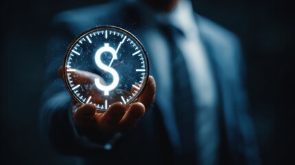 Businessman Holding Holographic Dollar Sign Clock Representing Time Is Money Concept