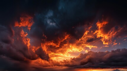 A stunning sunset with vibrant orange and purple clouds, creating a dramatic sky filled with color and texture.