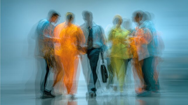 A blurred motion image of business professionals in colorful outfits interacting in a dynamic environment. - Powered by Adobe