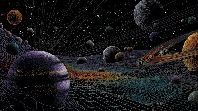 A vibrant, cosmic scene featuring colorful planets and a grid-like landscape, set against a starry black background, evoking the vastness of space.